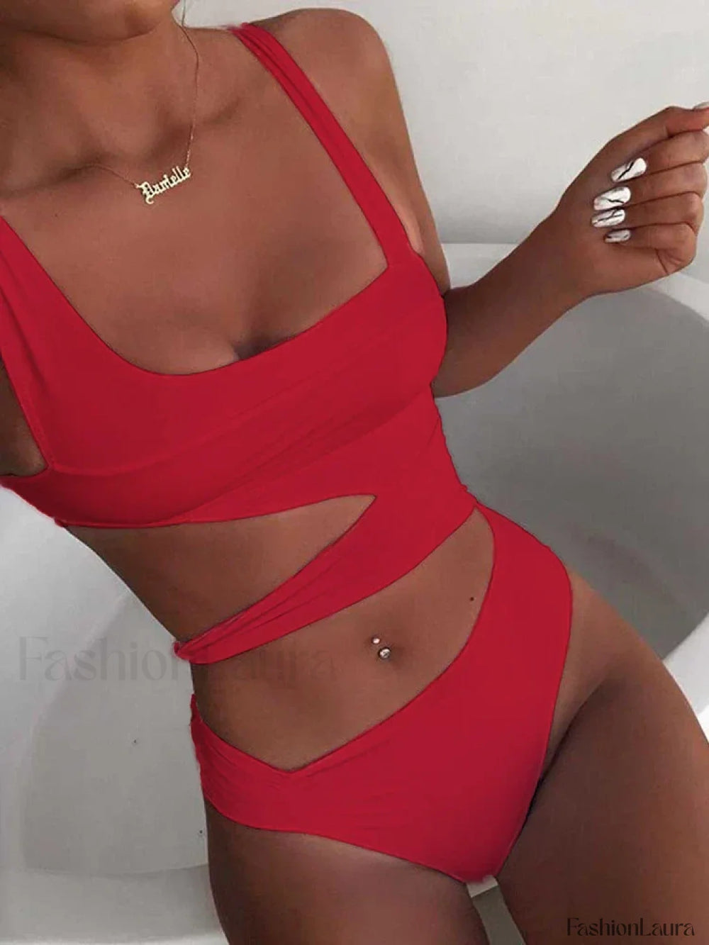 Spliced Hollow Out One Piece red / S