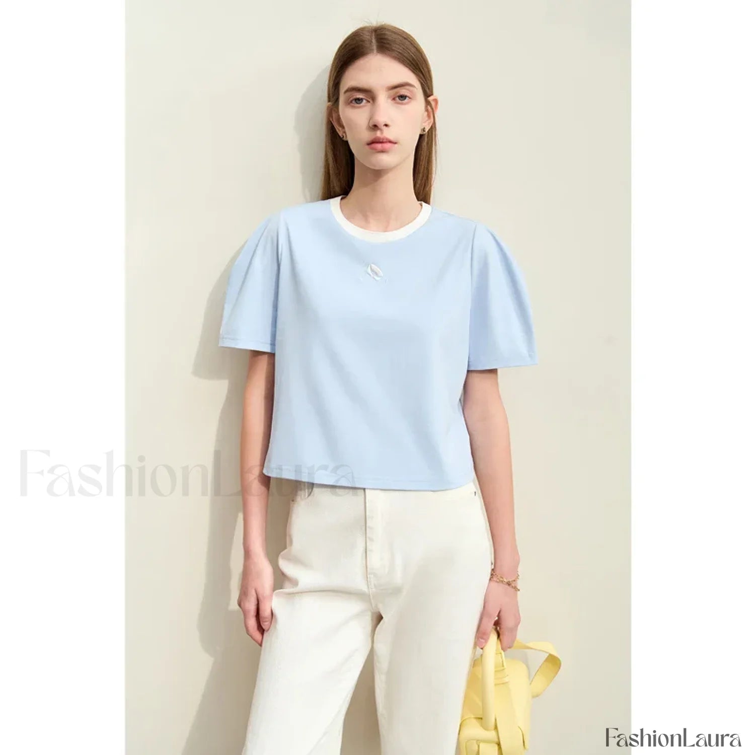 Spliced Mutton Sleeve T Shirt gray blue / S