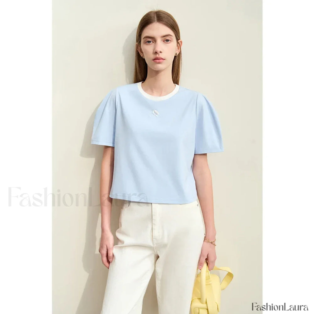 Spliced Mutton Sleeve T Shirt gray blue / S