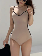 Spliced Sling Backless Fashion One Piece APRICOT / M