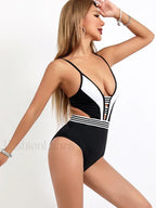 Spliced White Black Hollow Out One Piece