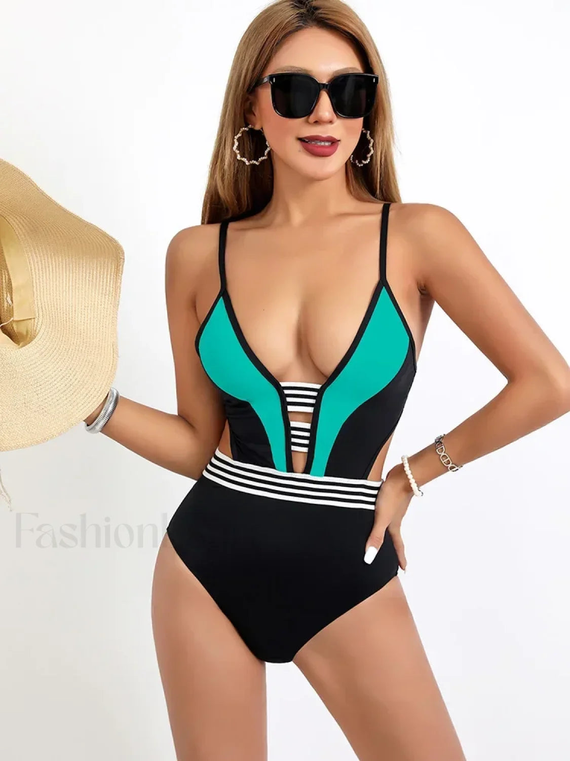 Spliced White Black Hollow Out One Piece Blue / S