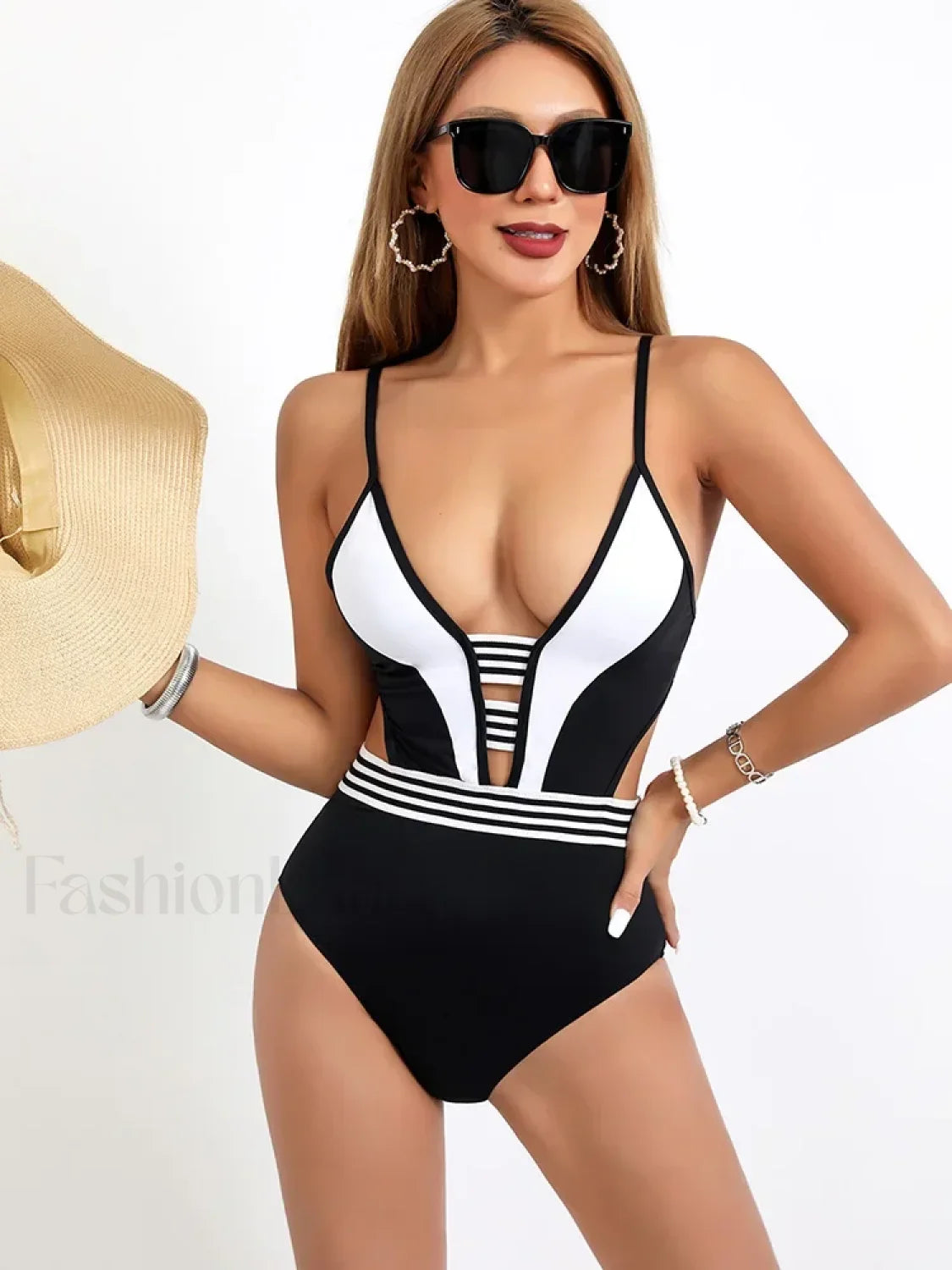 Spliced White Black Hollow Out One Piece WHITE / S