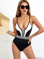 Spliced White Black Hollow Out One Piece WHITE / S