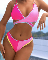 Splicing Bandage Brazilian Bikini Set Hot Pink / S