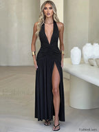 Split Deep V Neck Maxi Dress Black / S