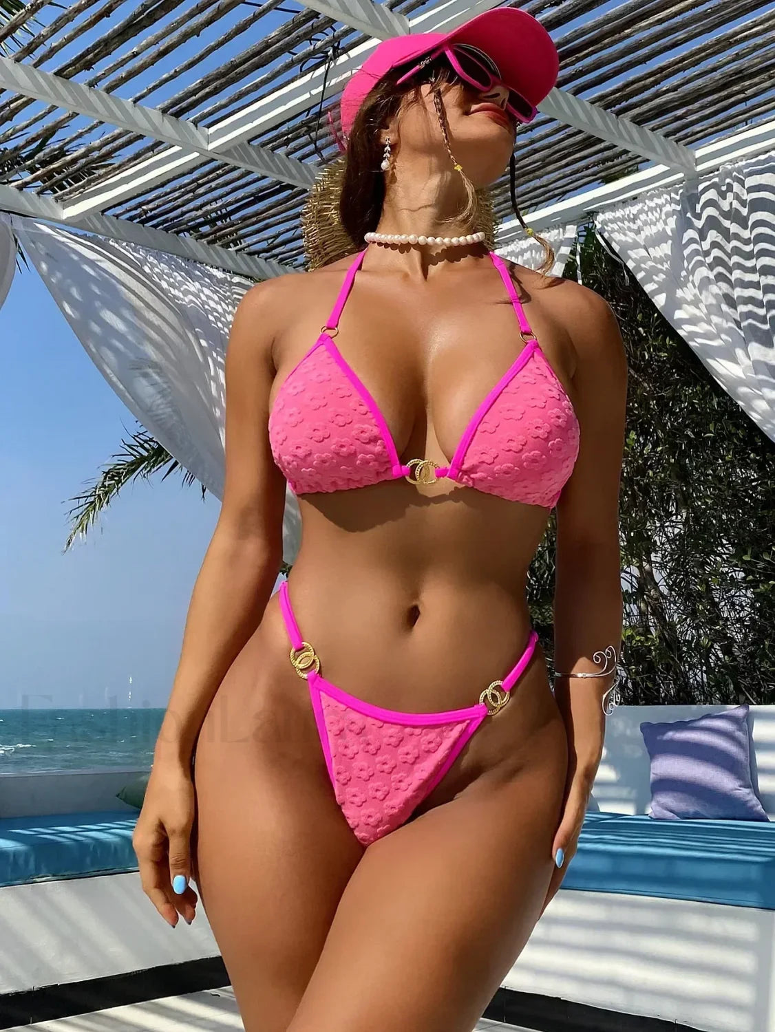 Split Fashion Sexy Bikini Set Rose RED / S