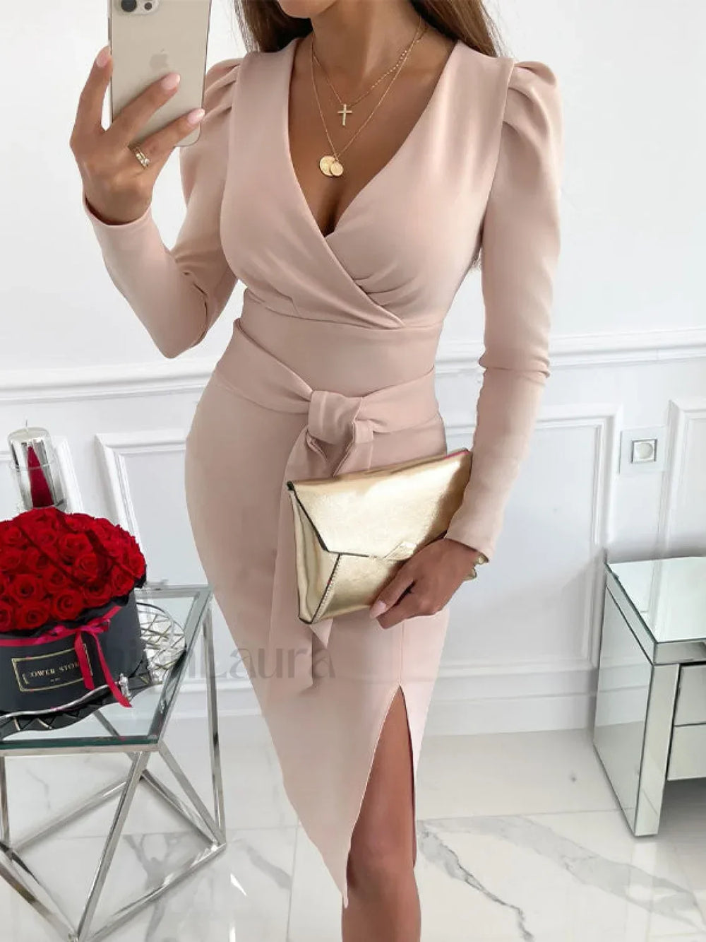 Split Long Sleeve Wrap Midi Dress Camel / S Midi Dresses