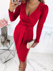 Split Long Sleeve Wrap Midi Dress Red / S Midi Dresses