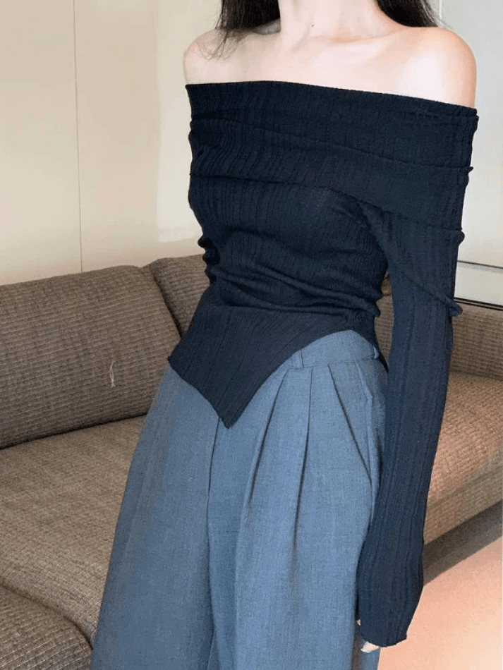Split Off Shoulder Ribbed Knit Top Sweaters