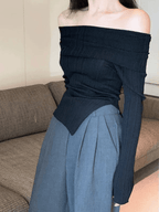 Split Off Shoulder Ribbed Knit Top Sweaters