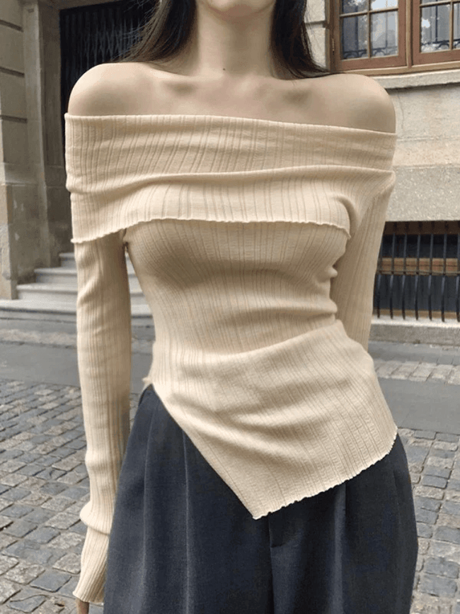 Split Off Shoulder Ribbed Knit Top Beige / ONE SIZE Sweaters Main image