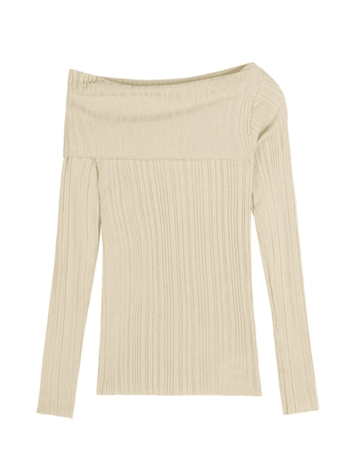Split Off Shoulder Ribbed Knit Top Sweaters