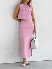 Split Pockets Sleeveless Skirt Set Skirt Sets
