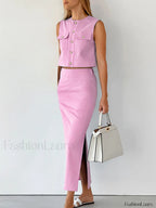 Split Pockets Sleeveless Skirt Set Skirt Sets