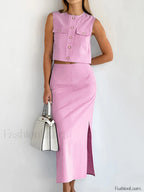 Split Pockets Sleeveless Skirt Set Skirt Sets