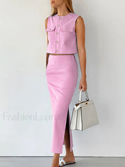 Split Pockets Sleeveless Skirt Set Skirt Sets