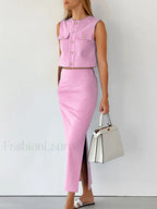 Split Pockets Sleeveless Skirt Set Skirt Sets