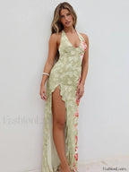 Split Print Halter Maxi Dress