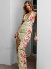 Split Print Halter Maxi Dress