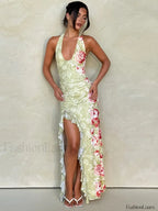 Split Print Halter Maxi Dress Light Green / S