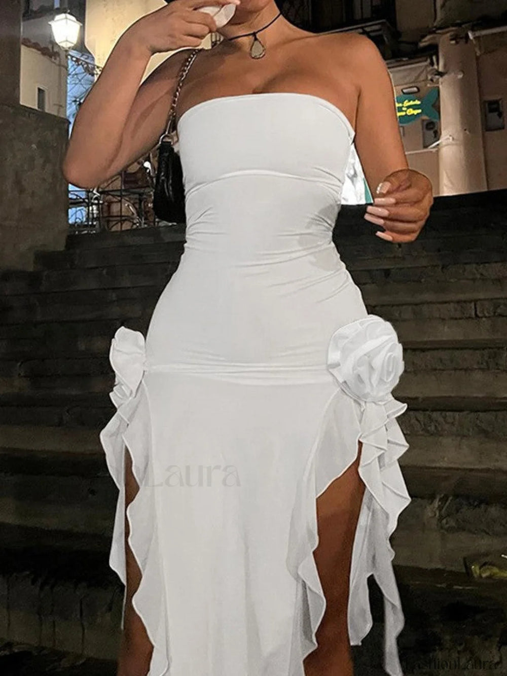 Split Ruffle Mesh Bandeau Maxi Dress Maxi Dresses