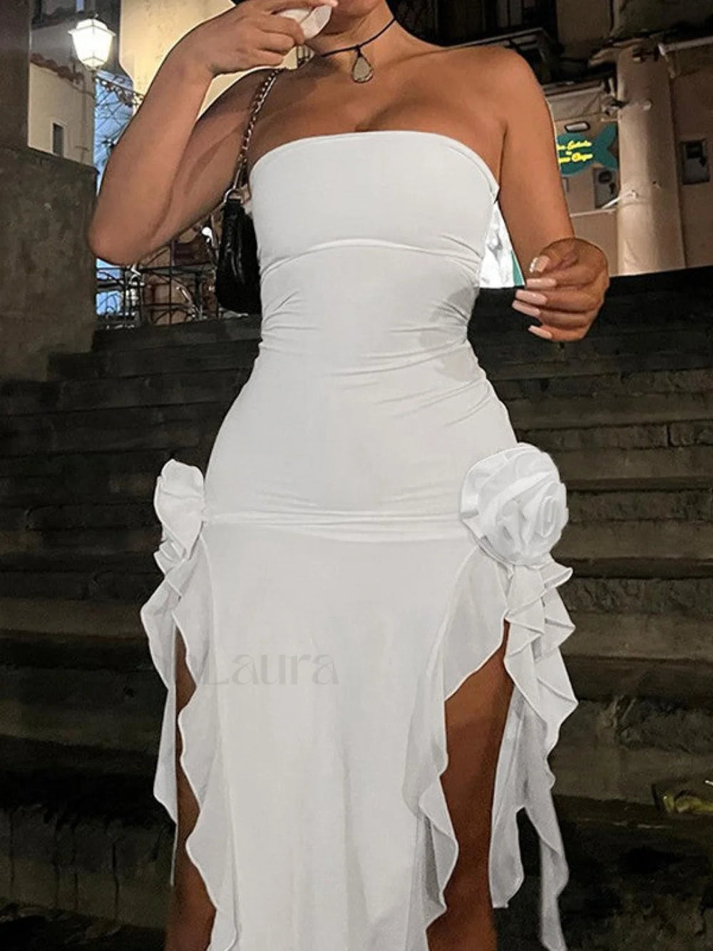 Split Ruffle Mesh Bandeau Maxi Dress Maxi Dresses