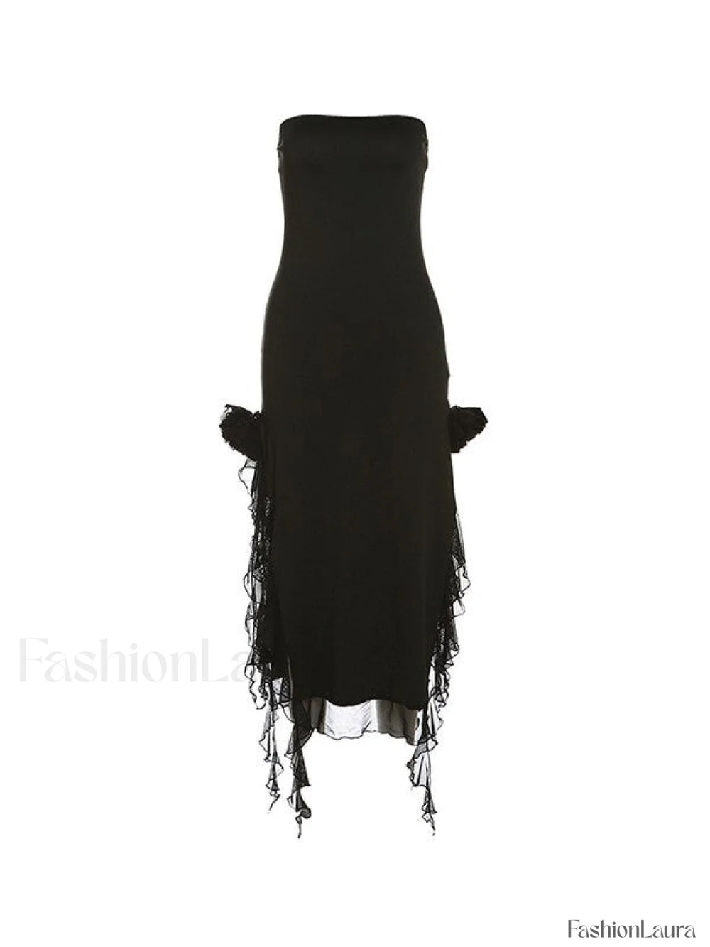 Split Ruffle Mesh Bandeau Maxi Dress Maxi Dresses