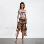 Split Tie Up Midi Ruffle Skirt