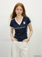 Sporty Cropped Racerback Jersey T Shirt Navy blue V neck / S