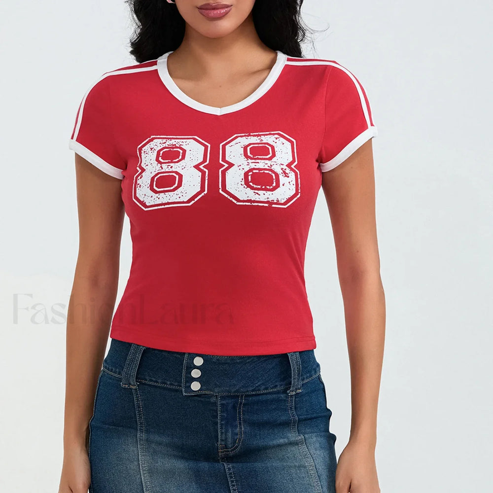 Sporty V Neck Number Print T Shirt