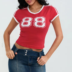 Sporty V Neck Number Print T Shirt
