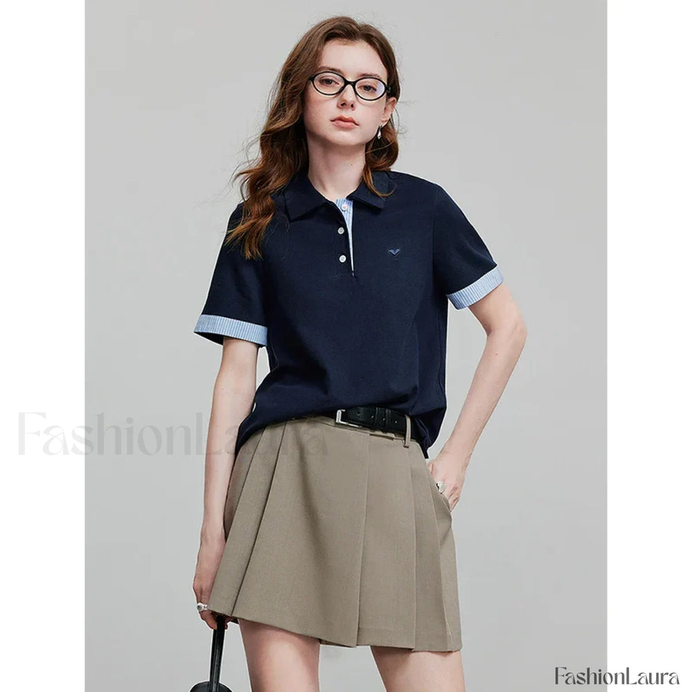 Spring New Cotton Short Sleeve T Shirt Navy Bule / S