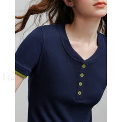 Spring New Short Sleeve Casual T Shirt Navy Bule / S