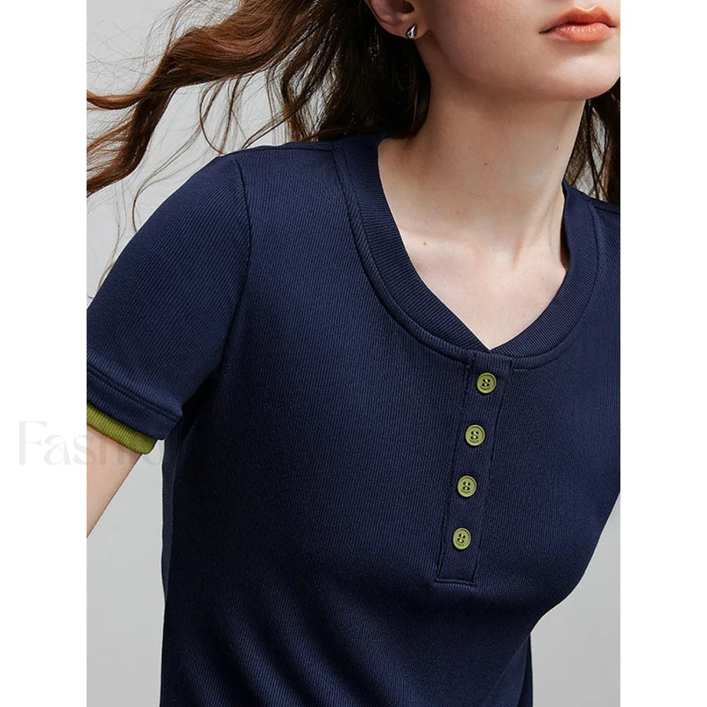 Spring New Short Sleeve Casual T Shirt Navy Bule / S