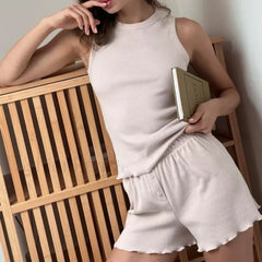 Spring Solid Color Vest Shorts Two Piece Set