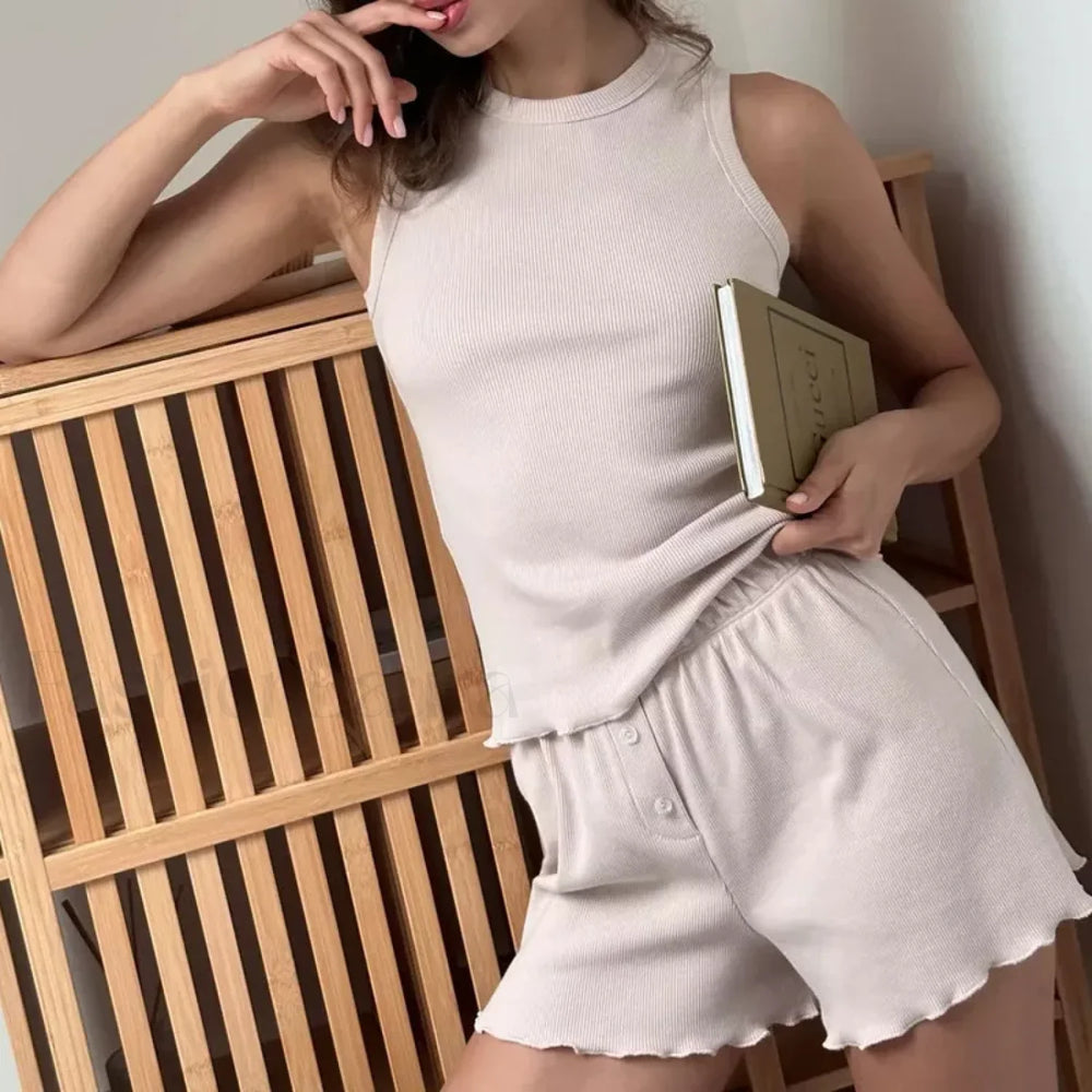 Spring Solid Color Vest Shorts Two Piece Set Lotus root / S