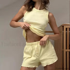 Spring Solid Color Vest Shorts Two Piece Set Yellow / S