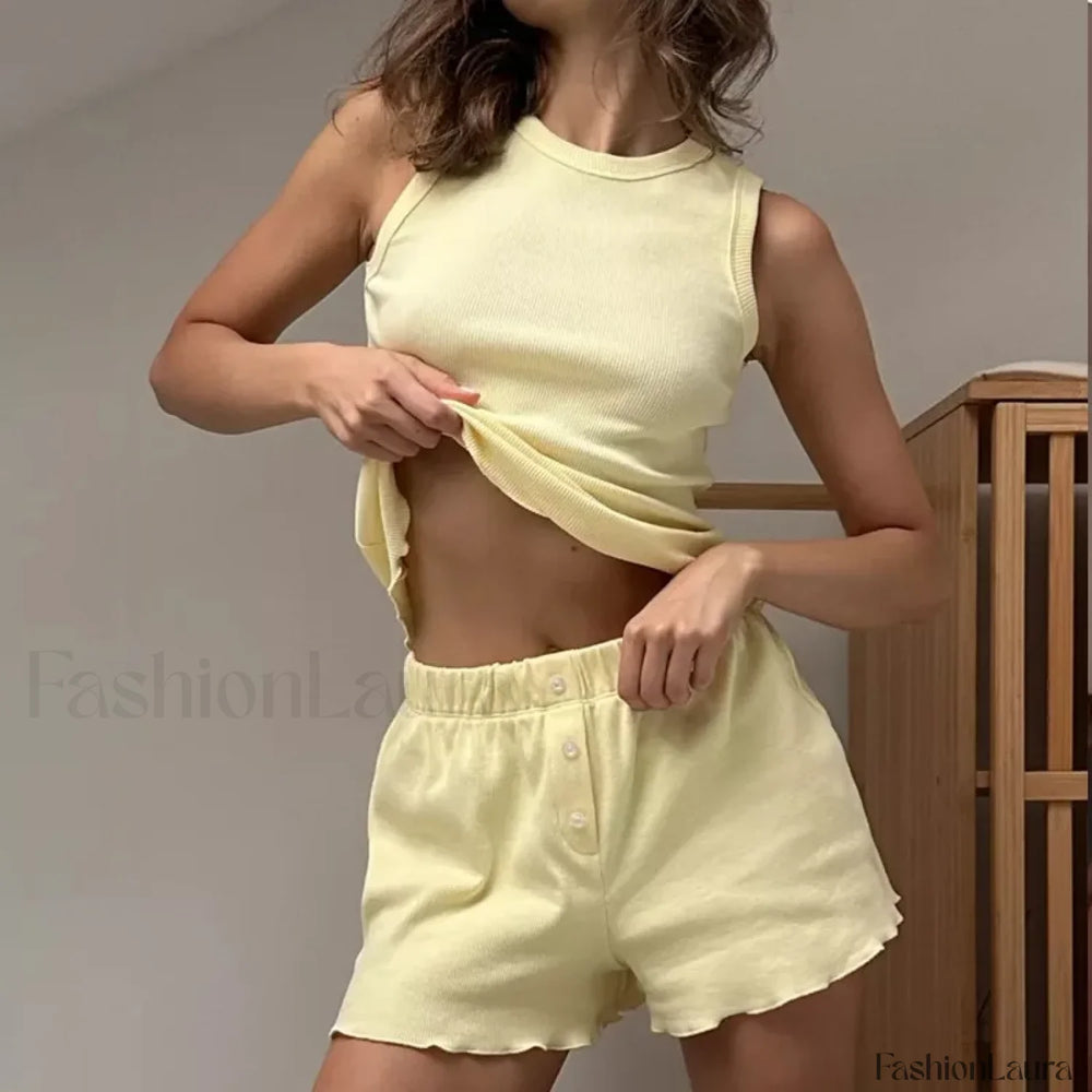 Spring Solid Color Vest Shorts Two Piece Set Yellow / S