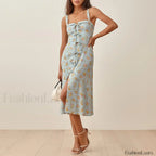 Square Bow Slit Floral Dress Blue / S