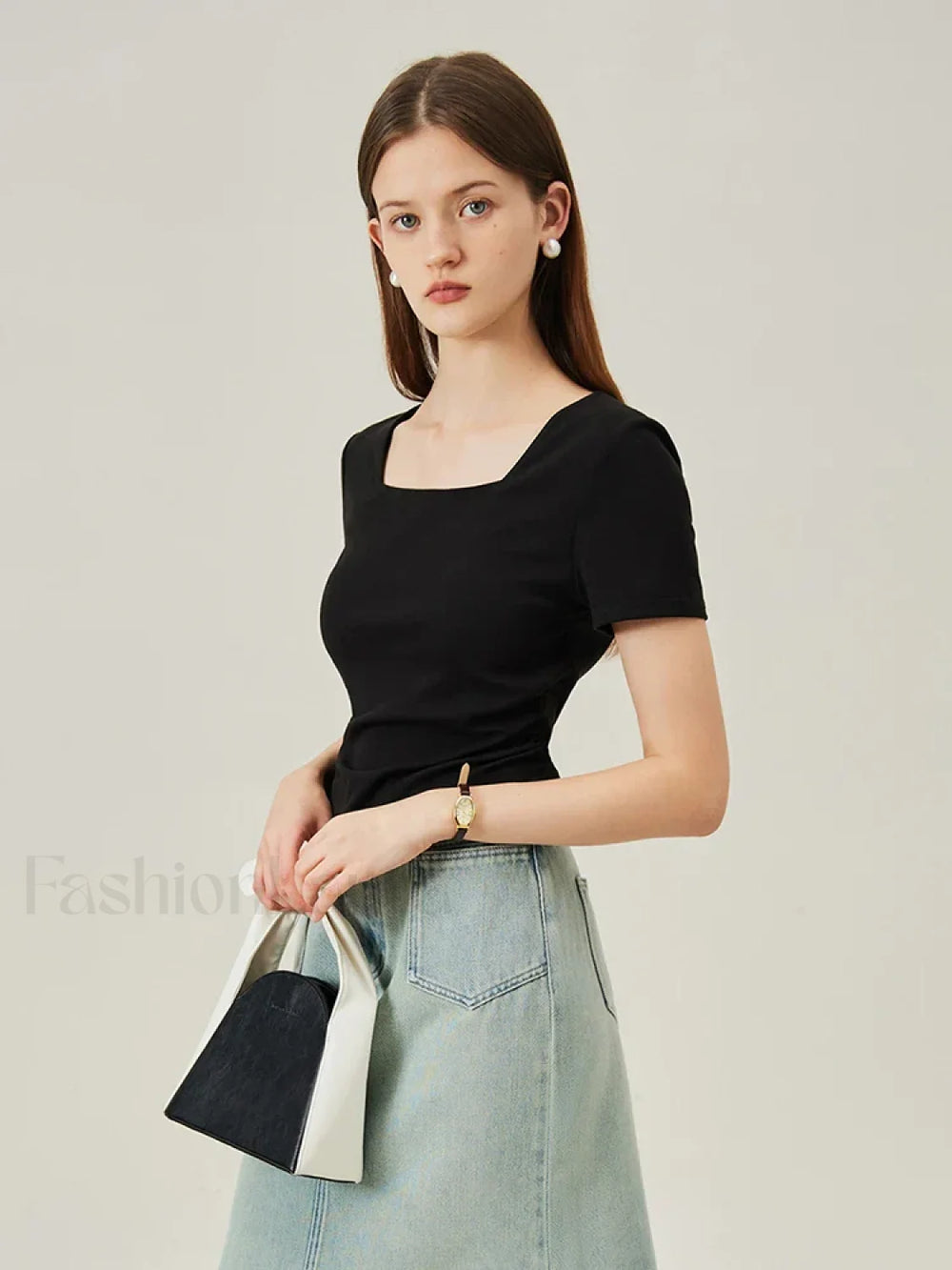 Square Collar Casual Elegant T Shirt Black / XS