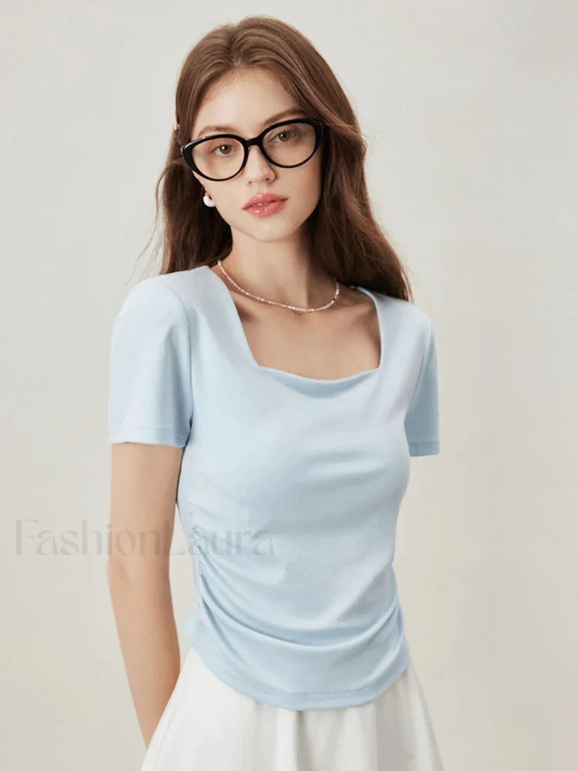 Square Collar Casual Elegant T Shirt Blue / XS Main image