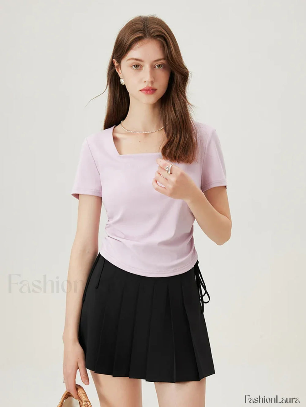 Square Collar Casual Elegant T Shirt Pink / XS