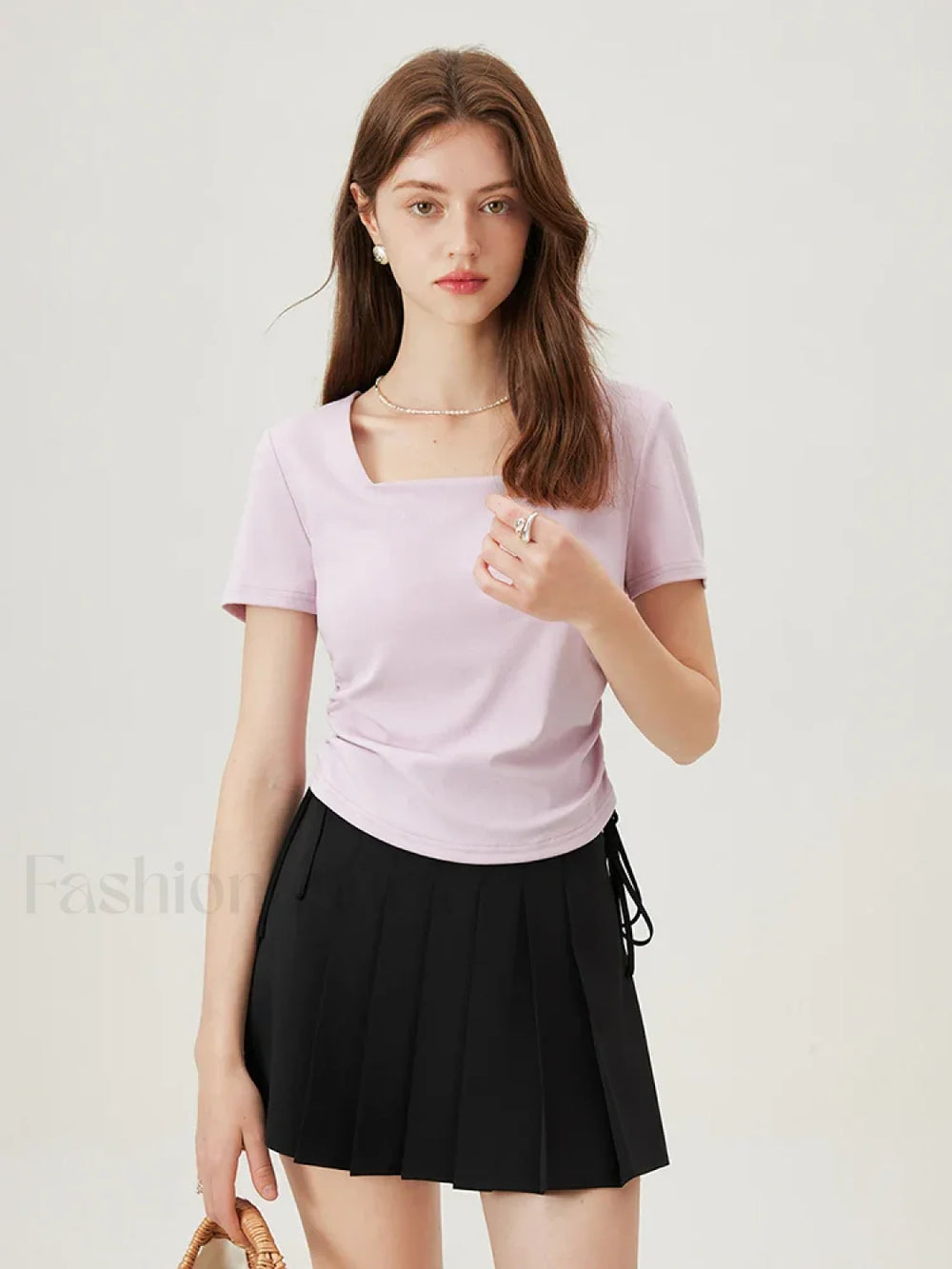 Square Collar Casual Elegant T Shirt Pink / XS