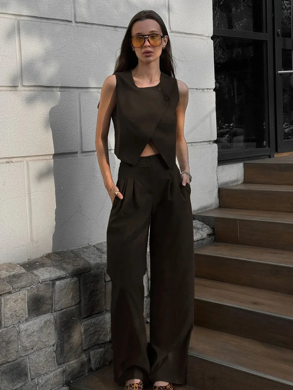 Square Collar Crop Pants Pajama Two Piece Set