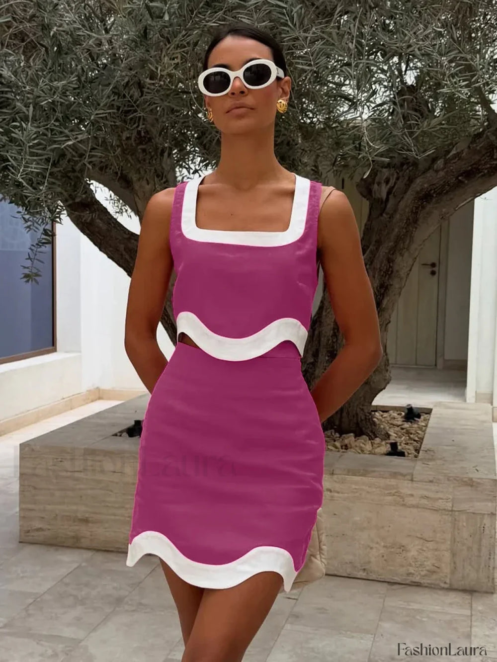 Square Collar Crop Skirt Nightwear Two Piece Set Dark Pink / S