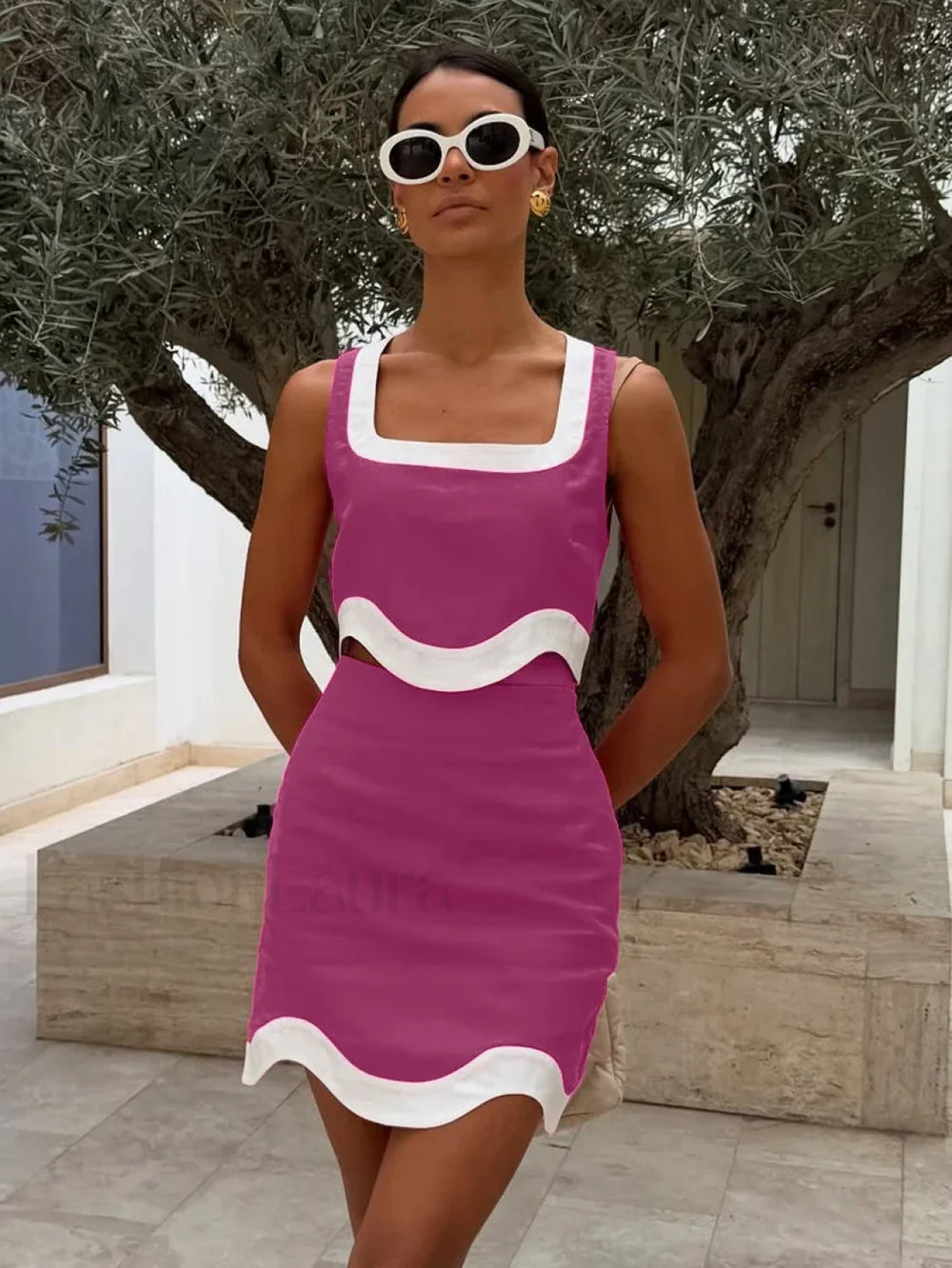 Square Collar Crop Skirt Nightwear Two Piece Set Dark Pink / S