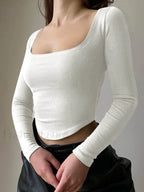 Square Collar Long Sleeve Solid Green Crop Top