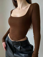 Square Collar Long Sleeve Solid Green Crop Top