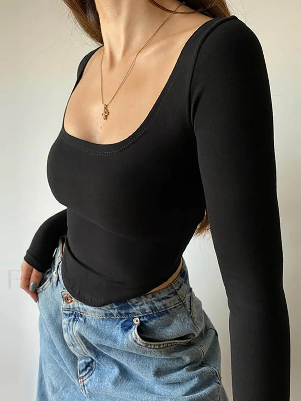 Square Collar Long Sleeve Solid Green Crop Top